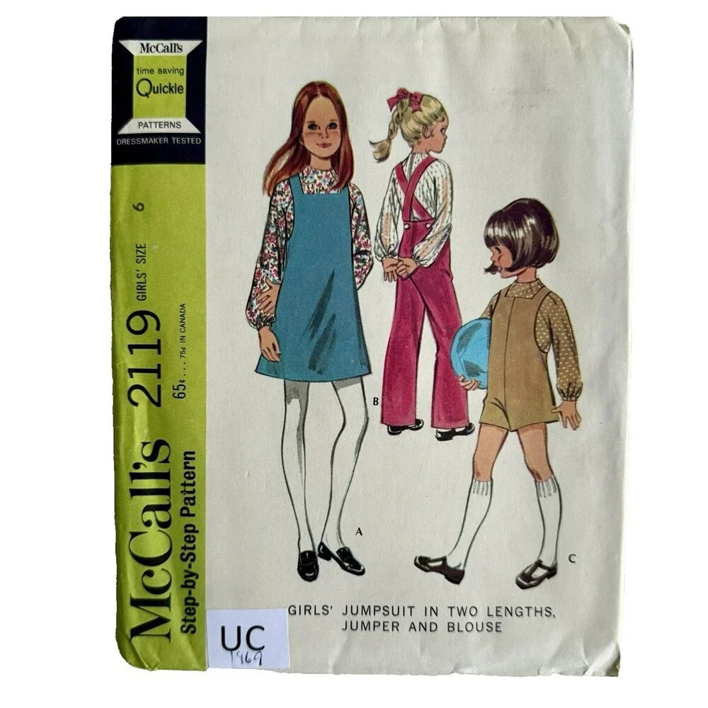 Vtg 60s McCalls 2119 Sewing Pattern Girls 6 Jumper Overalls Romper Dress UNCUT
